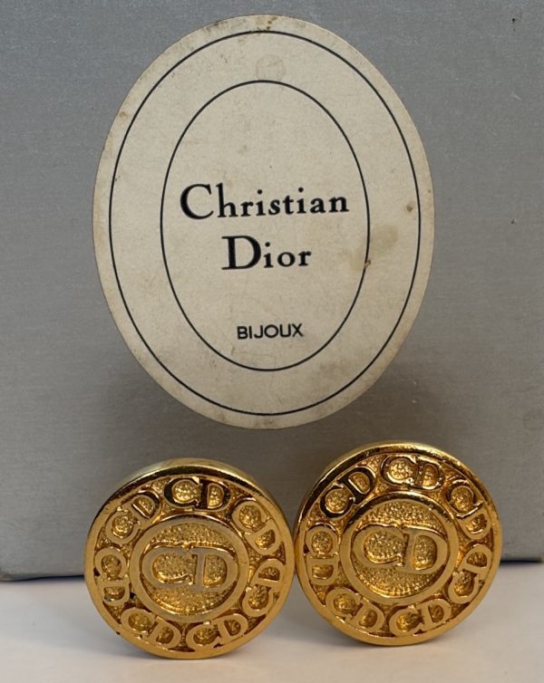 christian dior vintage cd monogram 24k gold round earrings c.1980s