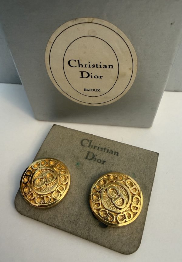 christian dior vintage cd monogram 24k gold round earrings c.1980s