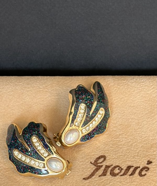 henkel & grosse 1980s vintage pearl black crystals leaf earrings