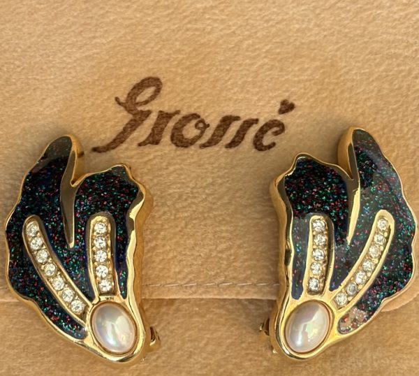 henkel & grosse 1980s vintage pearl black crystals leaf earrings