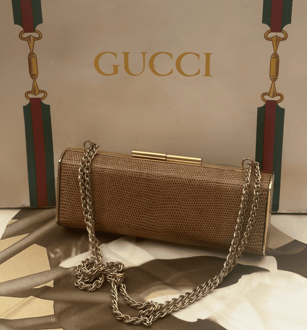 1970s gucci collector lizard tan clutch lizard double chain bag