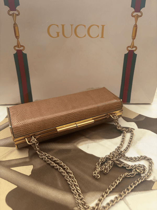 1970s gucci collector lizard tan clutch lizard double chain bag