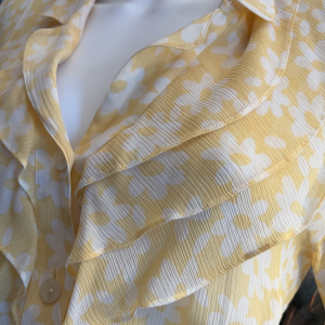 1980s louis feraud yellow white floral print silk georgette ruffle top