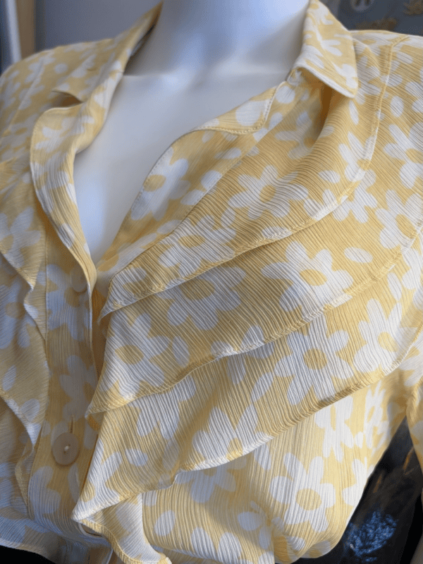 1980s louis feraud yellow white floral print silk georgette ruffle top