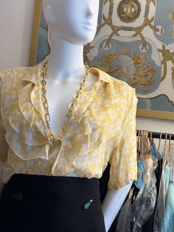 1980s louis feraud yellow white floral print silk georgette ruffle top