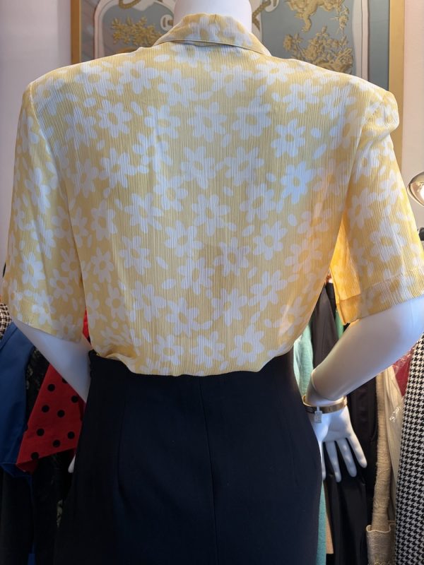 1980s louis feraud yellow white floral print silk georgette ruffle top