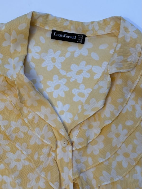 1980s louis feraud yellow white floral print silk georgette ruffle top