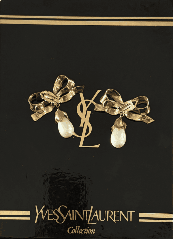 1988 yves saint laurent by robert goossens runway drop pearl gold bow earrings