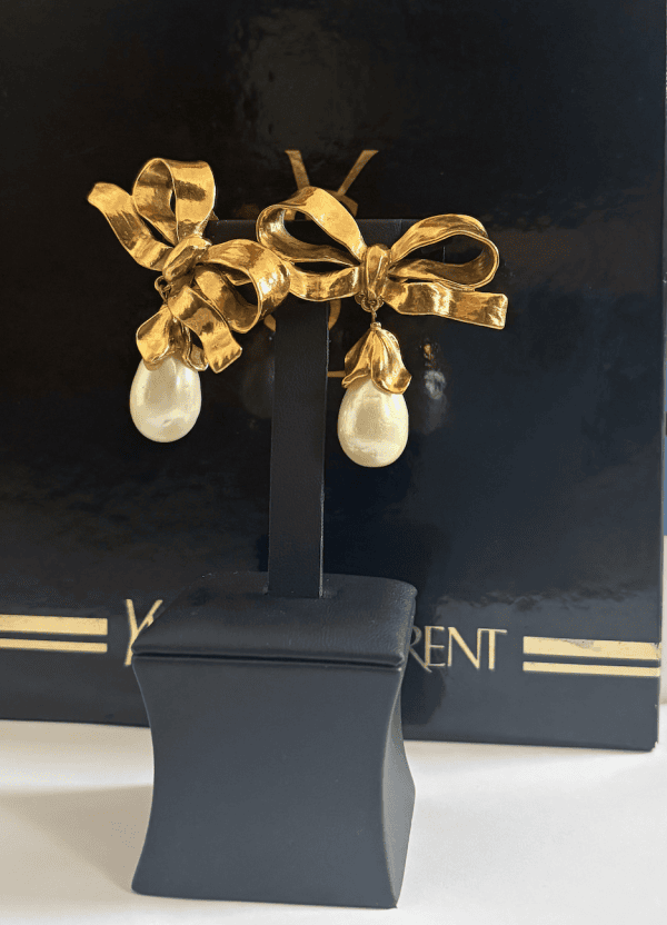 1988 yves saint laurent by robert goossens runway drop pearl gold bow earrings