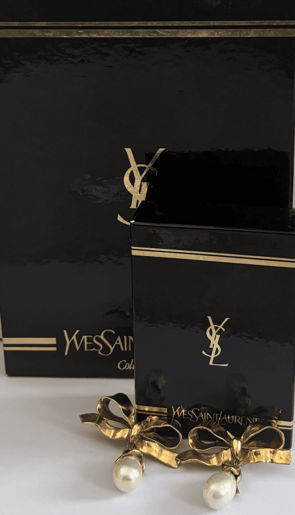 1988 yves saint laurent by robert goossens runway drop pearl gold bow earrings