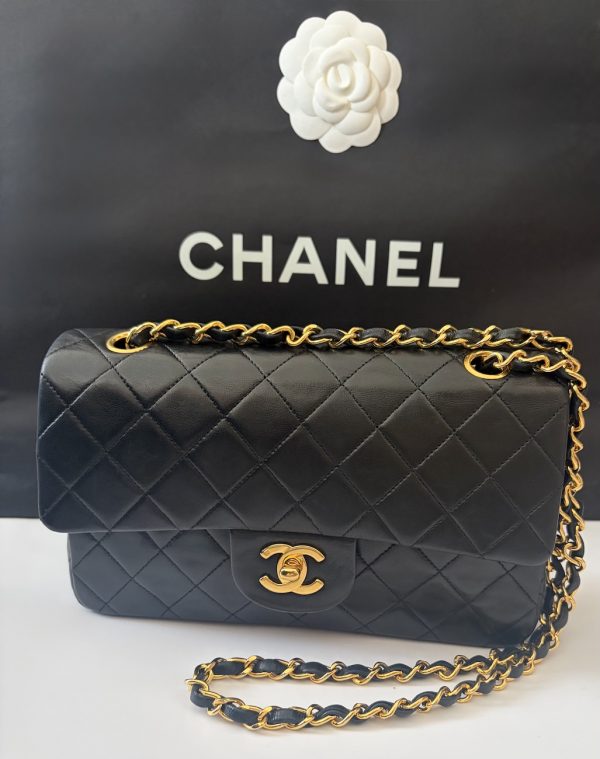 1989 chanel 2.55 classic timeless lambskin 24k gold plated small 23.5 double flap bag