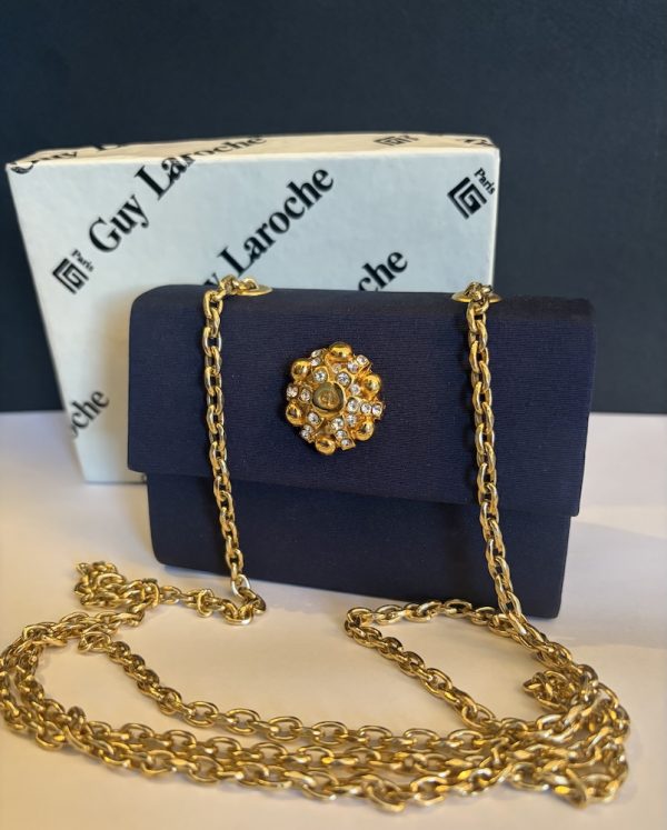 1989 guy laroche haute couture vintage mini minaudière bag navy blue jewel clasp w/box