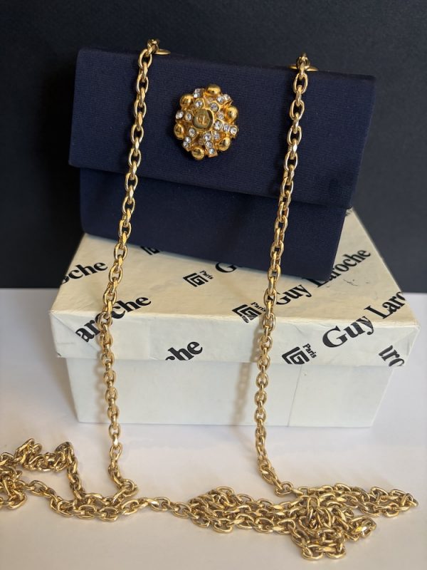 1989 guy laroche haute couture vintage mini minaudière bag navy blue jewel clasp w/box