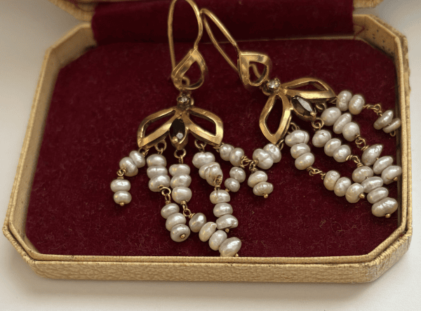 antique cascade chandelier drop pierced earrings 18k yellow gold and pearls edwardian period