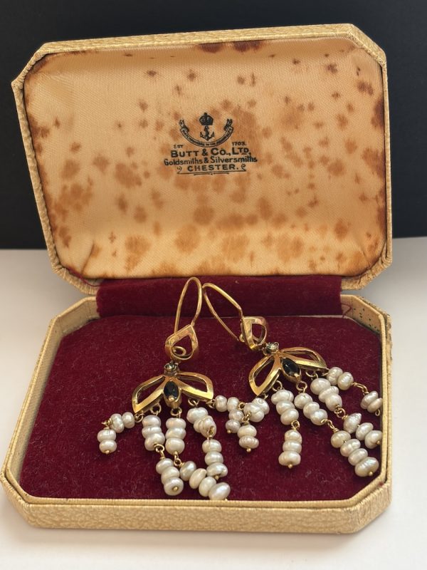 antique cascade chandelier drop pierced earrings 18k yellow gold and pearls edwardian period