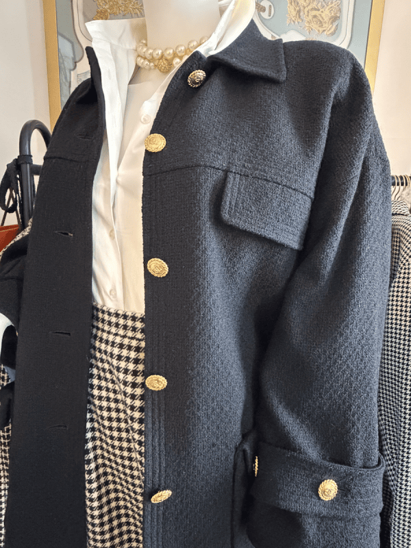 chanel fall/winter 95 classic black loose tweed jacket vintage gold cc logo jewel buttons