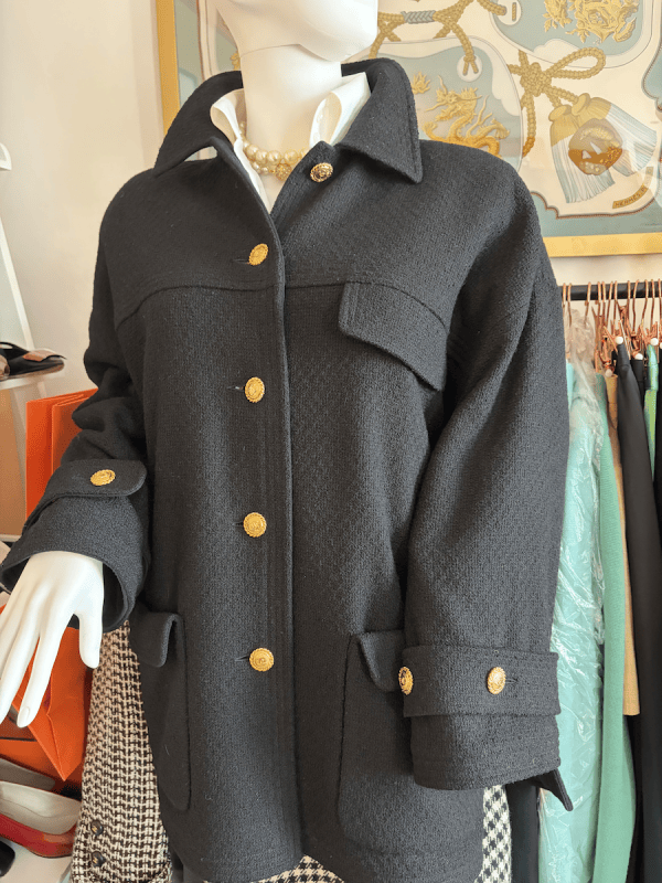 chanel fall/winter 95 classic black loose tweed jacket vintage gold cc logo jewel buttons