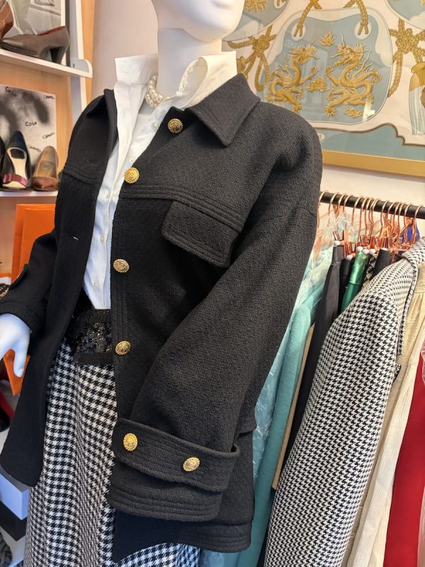 chanel fall/winter 95 classic black loose tweed jacket vintage gold cc logo jewel buttons