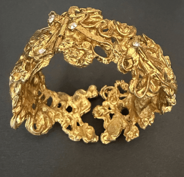 christian lacroix vintage gold tone crystals sculpted baroque cuff bracelet c.1989