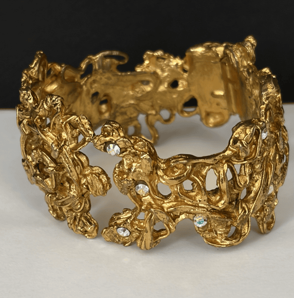 christian lacroix vintage gold tone crystals sculpted baroque cuff bracelet c.1989