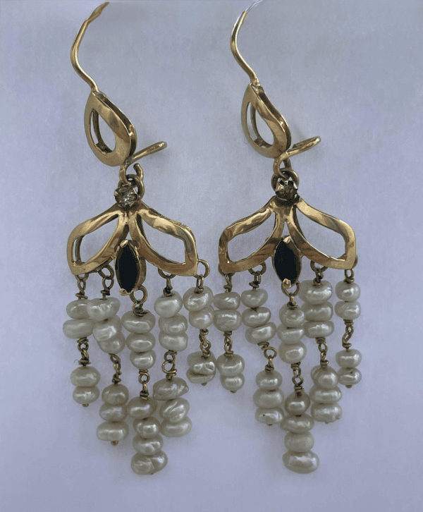 french antique cascade chandelier earrings 18k yellow gold knot 5 strand pearl earrings