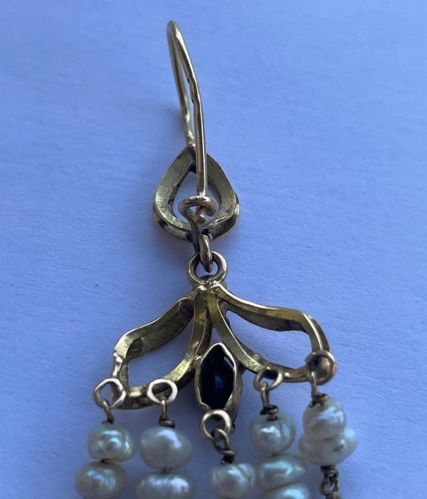 french antique cascade chandelier earrings 18k yellow gold knot 5 strand pearl earrings