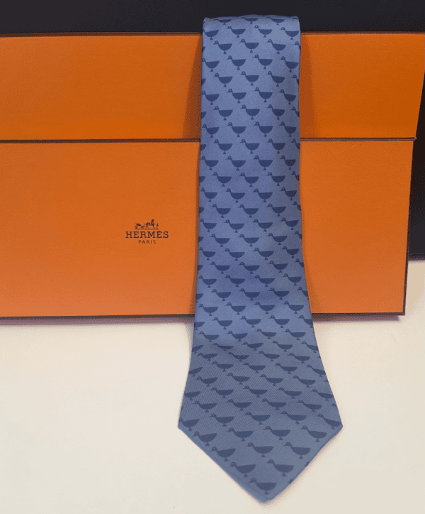 hermÈs vintage silk ducks tie slate blue & grey circa 1990s