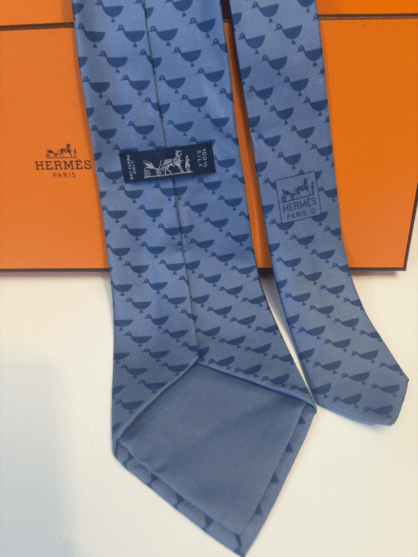 hermÈs vintage silk ducks tie slate blue & grey circa 1990s