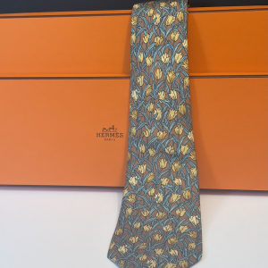 hermÈs vintage silk tulips tie & foliage brown yellow multi circa 1990s
