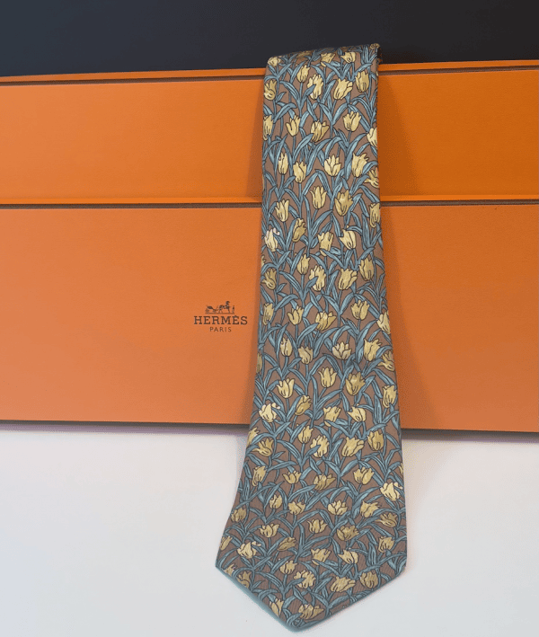 hermÈs vintage silk tulips tie & foliage brown yellow multi circa 1990s