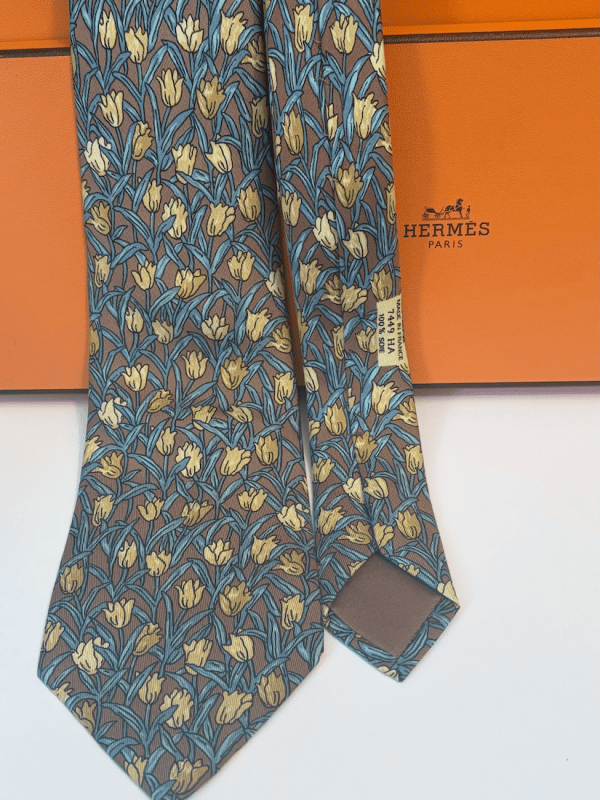 hermÈs vintage silk tulips tie & foliage brown yellow multi circa 1990s