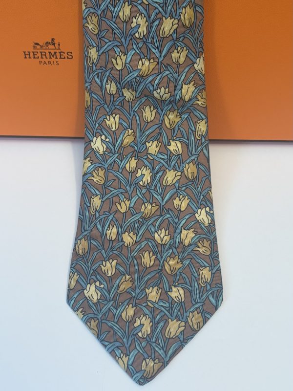 hermÈs vintage silk tulips tie & foliage brown yellow multi circa 1990s