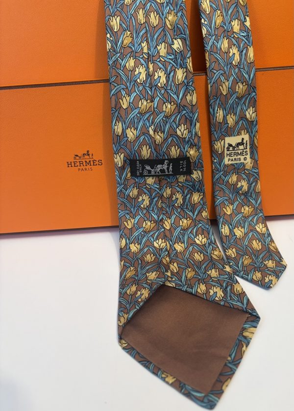 hermÈs vintage silk tulips tie & foliage brown yellow multi circa 1990s