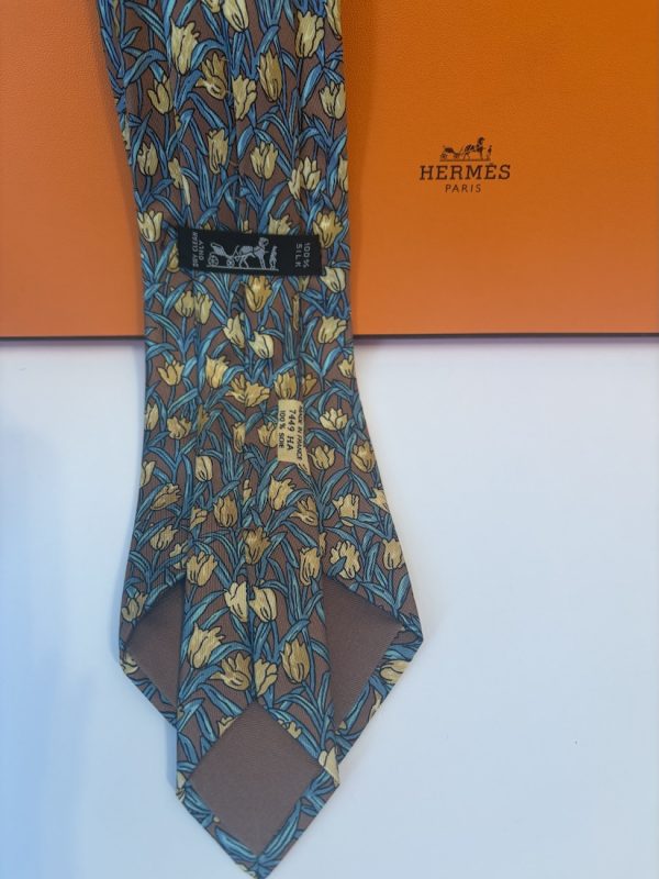 hermÈs vintage silk tulips tie & foliage brown yellow multi circa 1990s