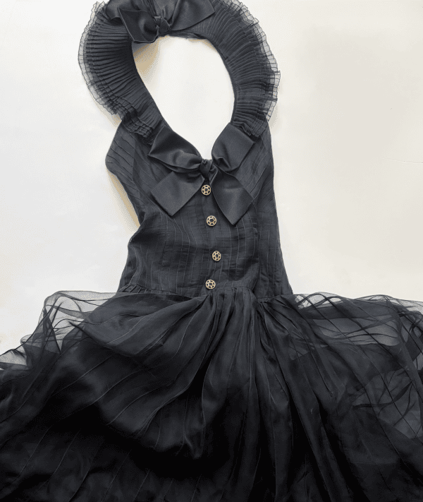 chanel attributed to house of chanel by gabrielle chanel black long evening dress bows cc logo buttons c.1950s 1970s