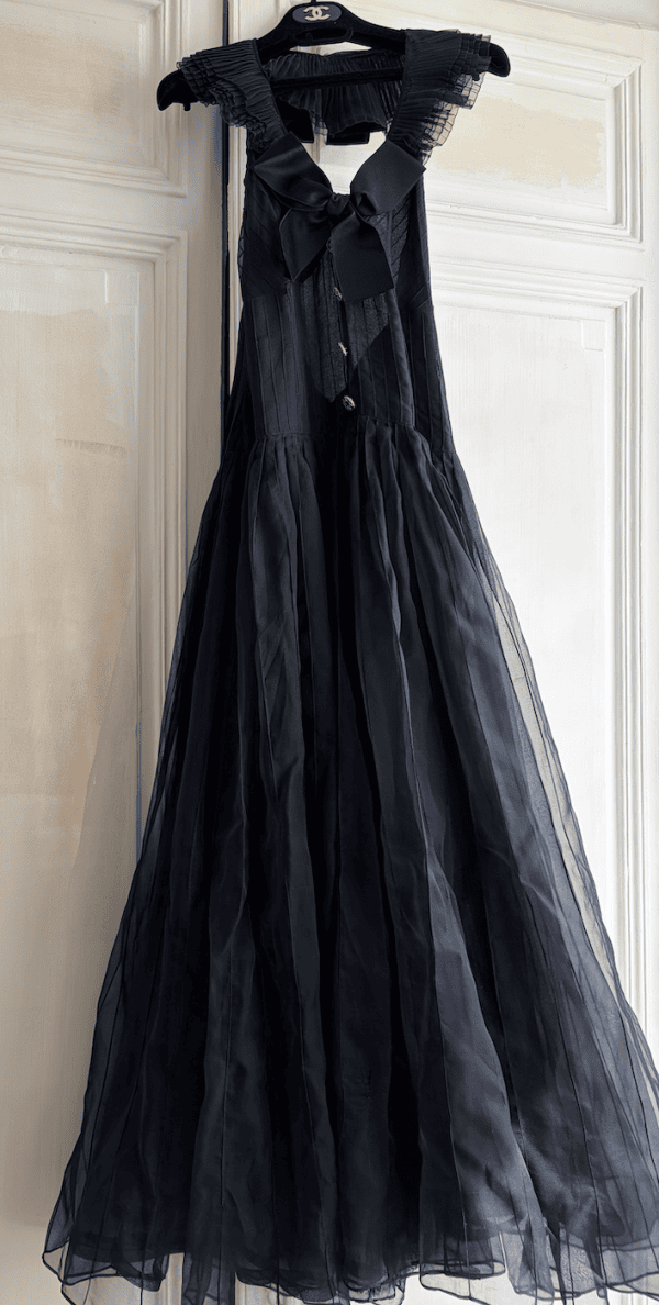 chanel attributed to house of chanel by gabrielle chanel black long evening dress bows cc logo buttons c.1950s 1970s