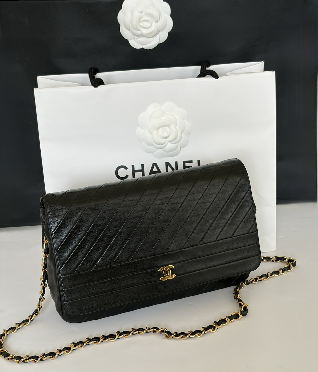 chanel vintage timeless quilted leather lambskin black bag 24k ghw c.1983 w/box