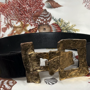 christian lacroix vintage black leather belt large sculptural gold tone buckle c.1980s 1990s