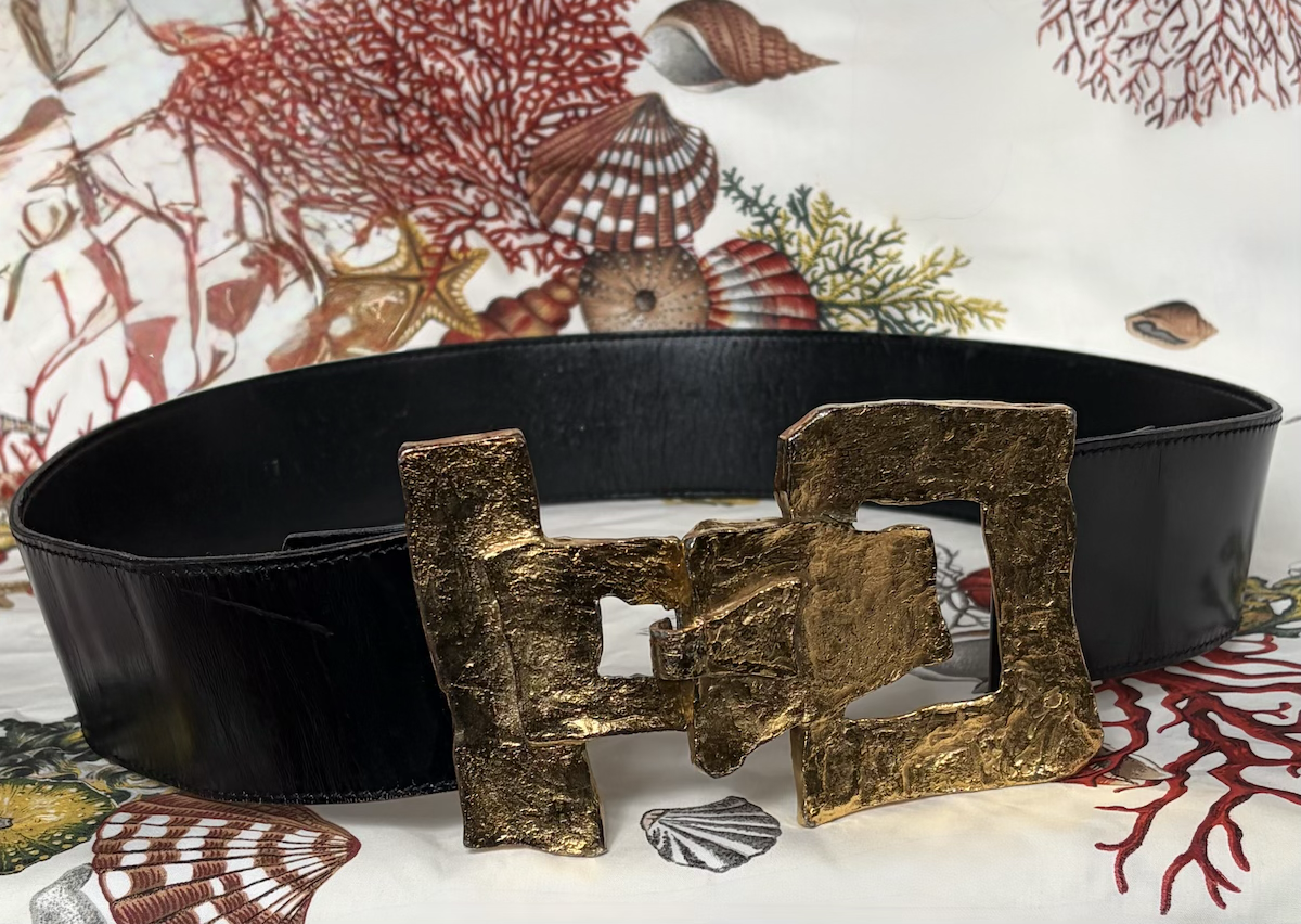 christian lacroix vintage black leather belt large sculptural gold tone buckle c.1980s 1990s