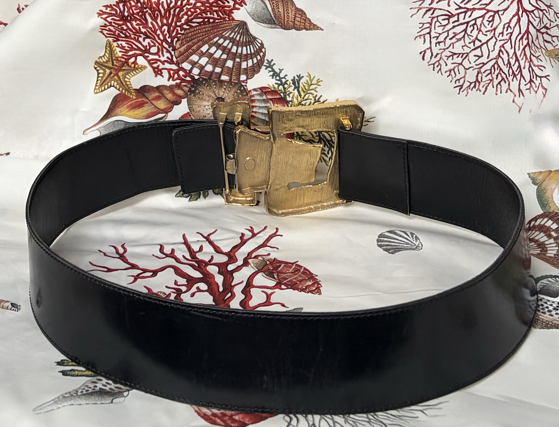 christian lacroix vintage black leather belt large sculptural gold tone buckle c.1980s 1990s