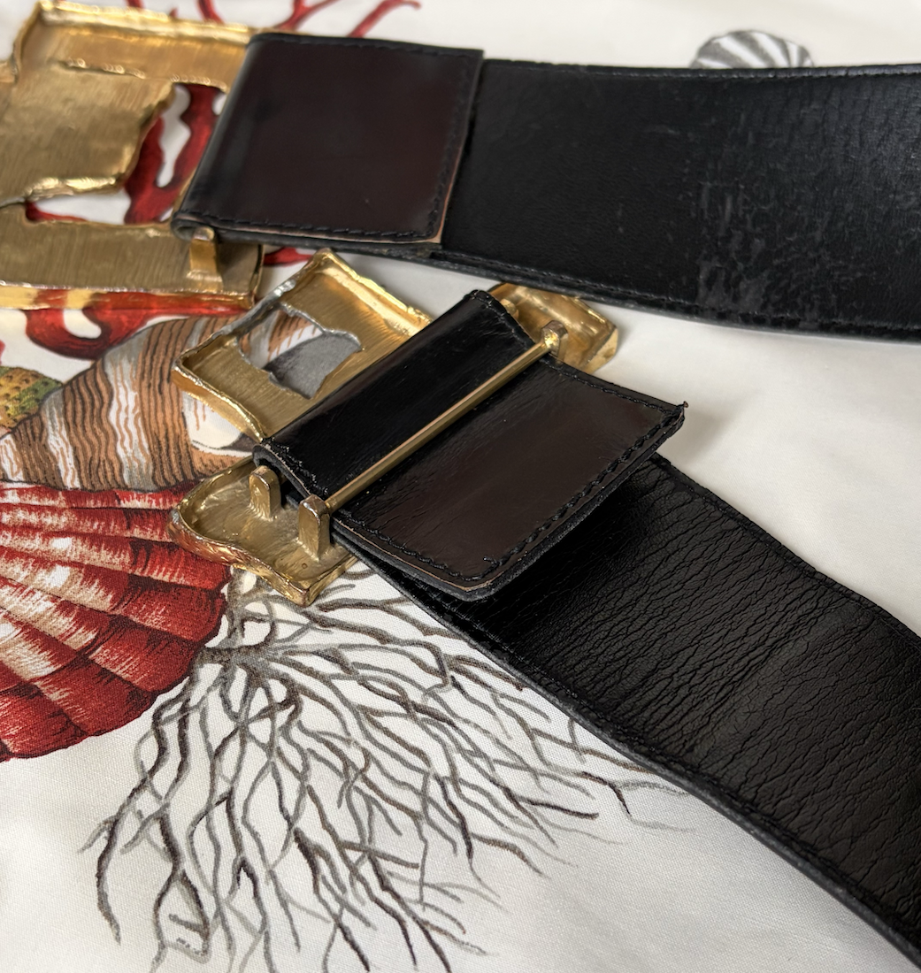 christian lacroix vintage black leather belt large sculptural gold tone buckle c.1980s 1990s