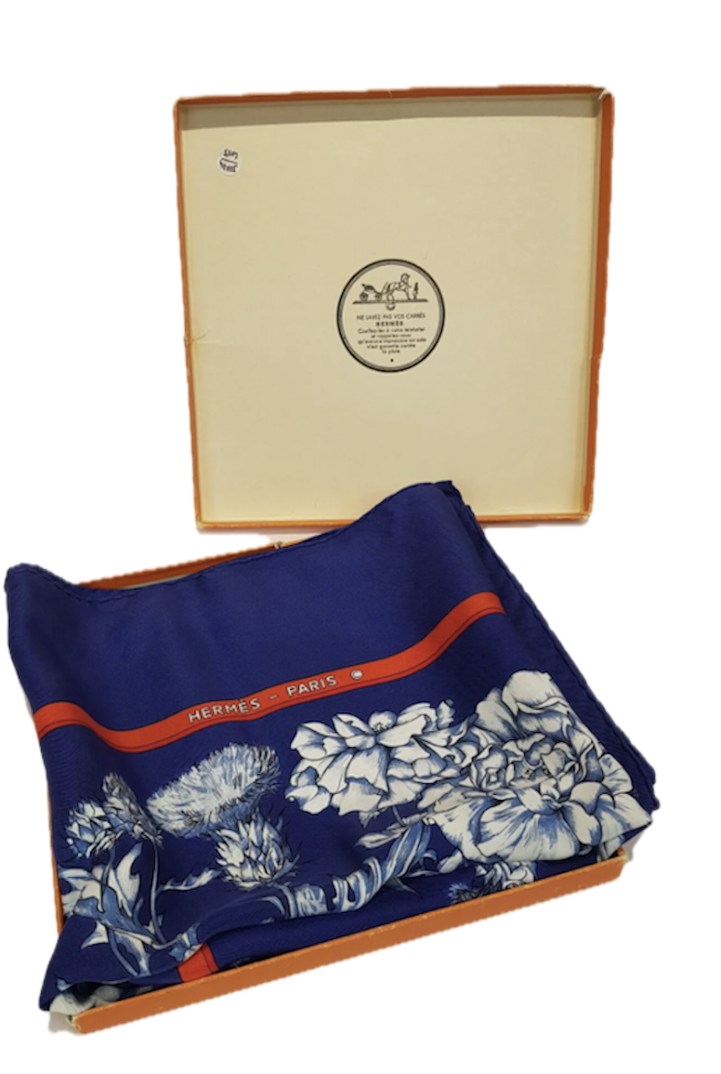 hermÈs silk scarf regina blue gold red by leila menchari 1972 first edition w/box