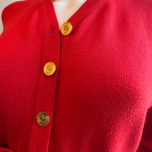 chanel vintage red cardigan gold cc jewel buttons c.1990s
