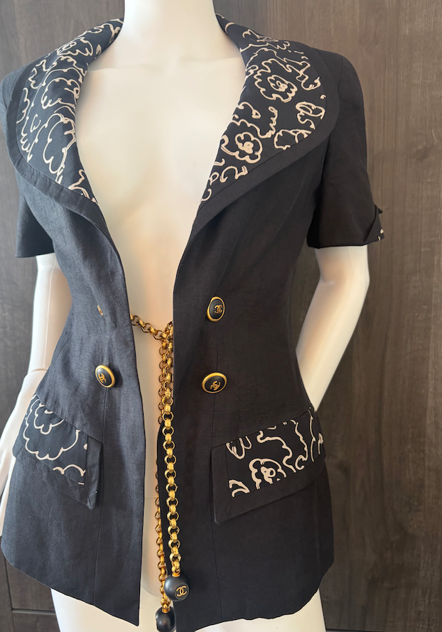 chanel vintage spring 1993 runway black beige camellia linen jacket