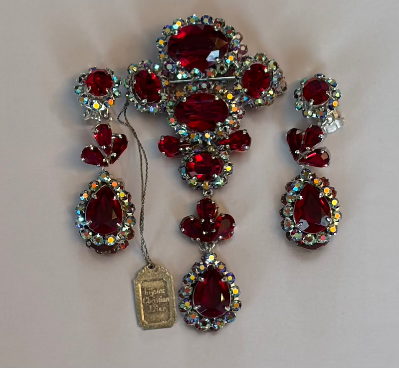 christian dior by francis winter 1958 brooch earrings set rhodium ruby crystals