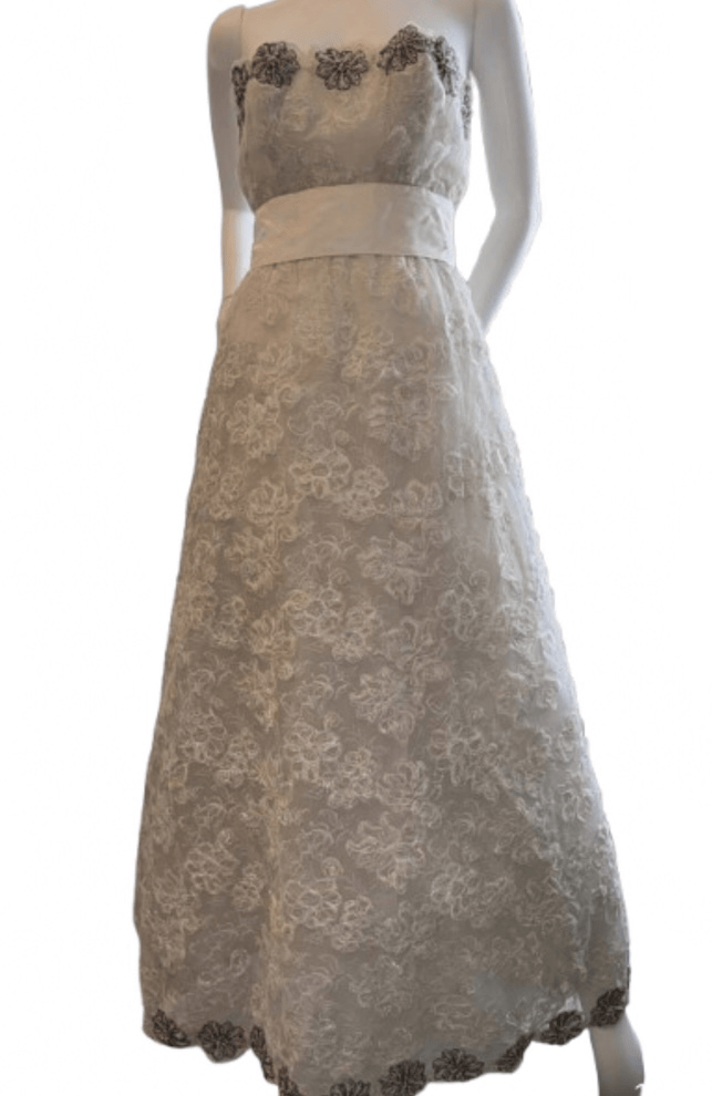 christian dior vintage couture 41774 bridal lace embroidery long dress made in england c.1960s 1970s