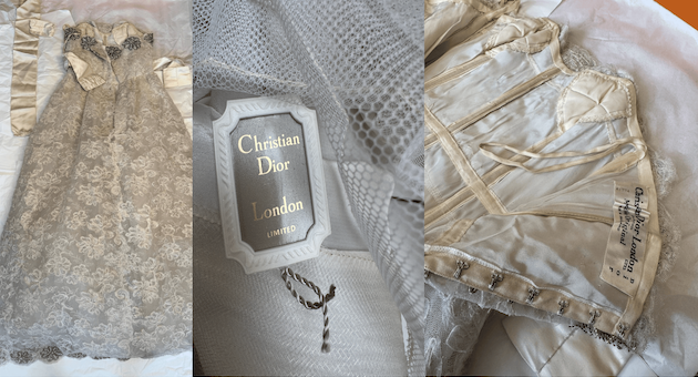 christian dior vintage couture 41774 bridal lace embroidery long dress made in england c.1960s 1970s