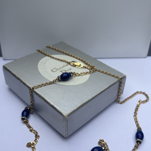 christian dior vintage gold cd chain long necklace lapis lazuli crystals c.1980s