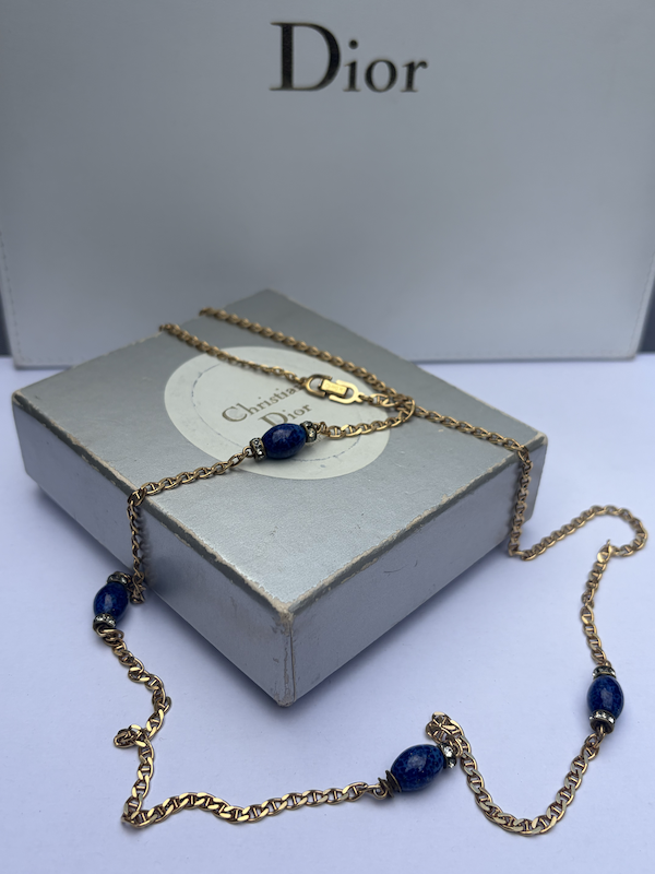 christian dior vintage gold cd chain long necklace lapis lazuli crystals c.1980s