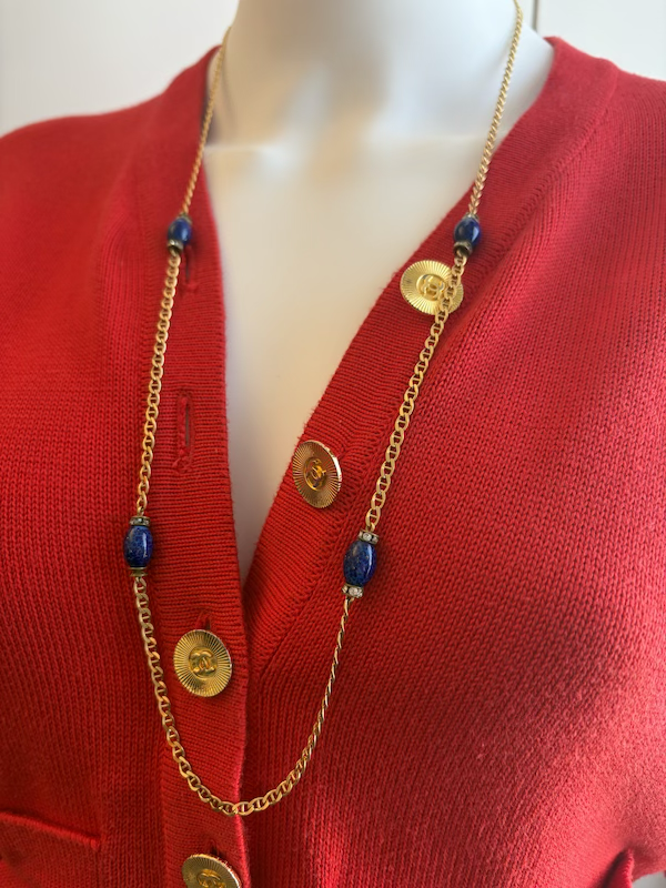 christian dior vintage gold cd chain long necklace lapis lazuli crystals c.1980s